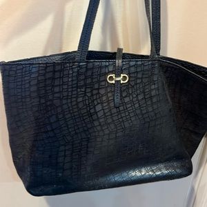 Ferragamo black tote with crocodile embossed patterning